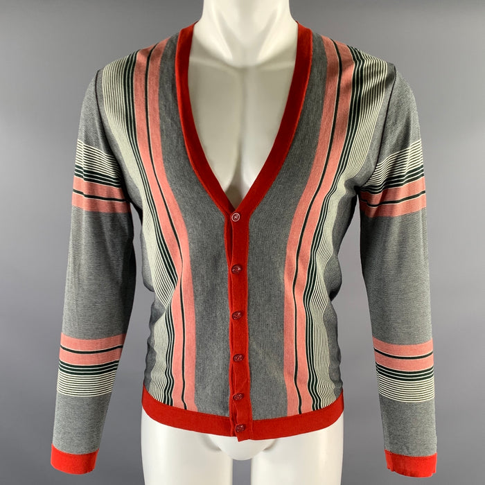 GUCCI Size S Red Green Navy Stripe V-Neck Cardigan