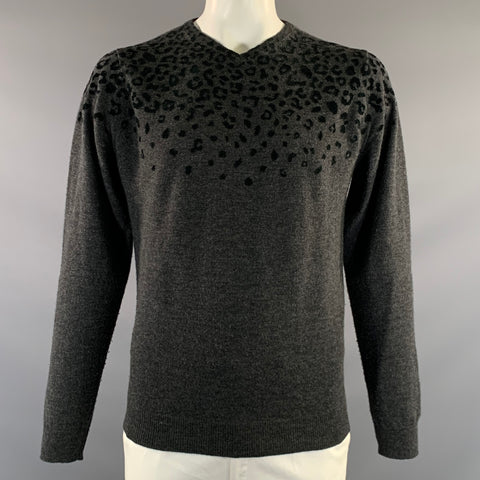 KOLOR Size XL Grey Black Leopard Print Wool V Neck Pullover