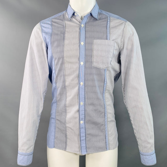 LANVIN Size S White Blue Navy Patchwork Stripe Cotton One Pocket Long Sleeve Shirt