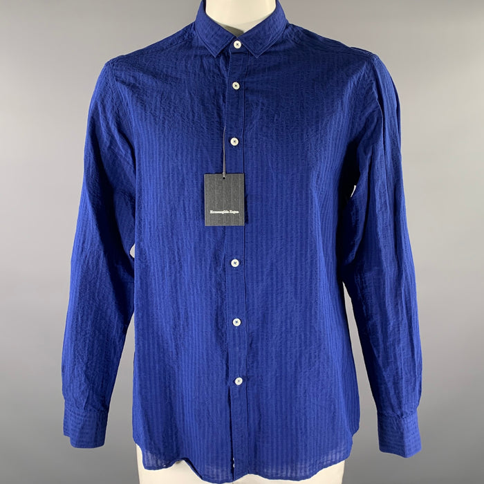 ERMENEGILDO ZEGNA Size XL Blue Seersucker Linen Blend Long Sleeve Shirt