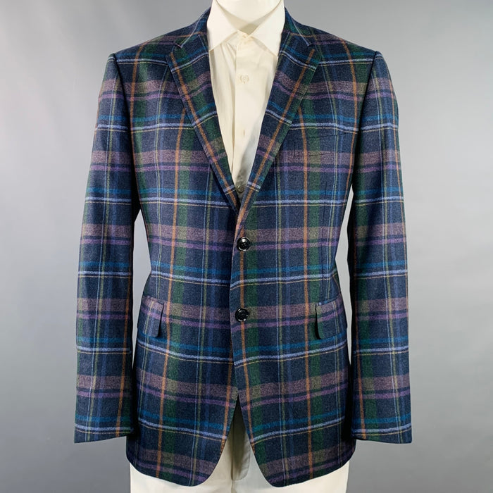 ETRO Size 48 Navy Multi Color Plaid Wool Cashmere Sport Coat