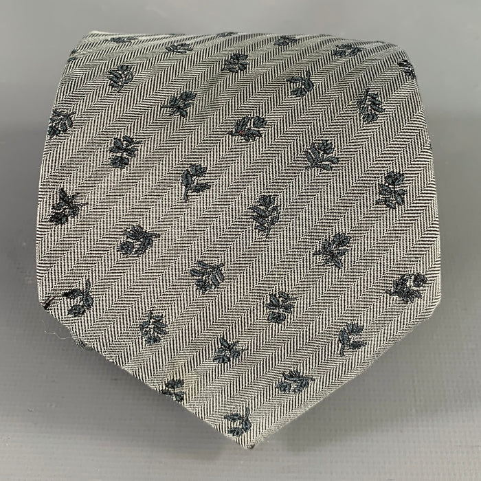 HERMES Grey Charcoal Floral Silk Jacquard Tie