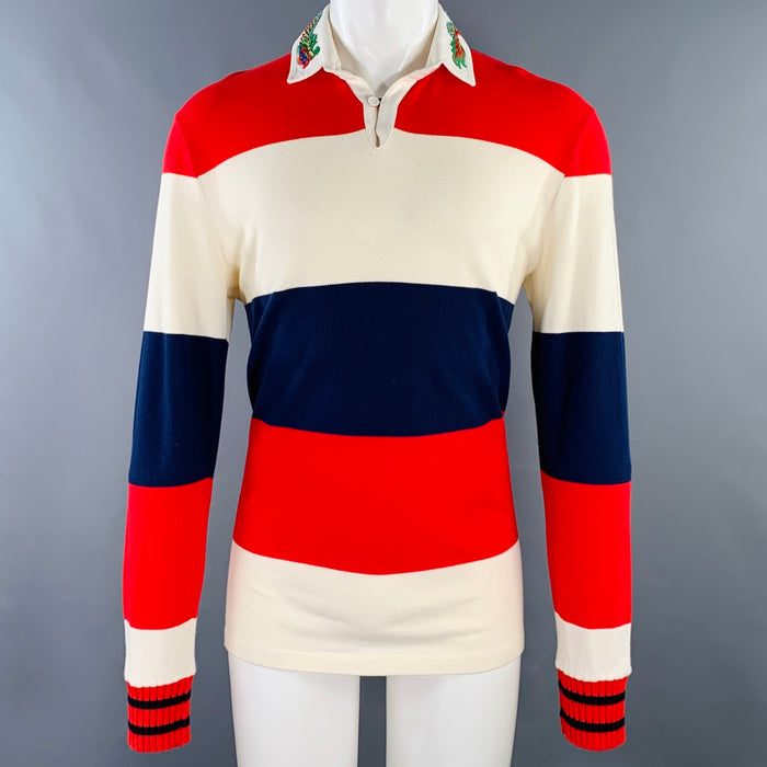 GUCCI Size M Cream Navy Red Stripe Dragon Applique Polo