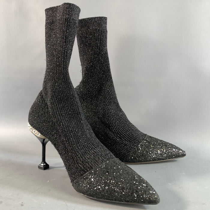 MIU MIU Size 10 Black Silver Lurex Glittered Pointed Toe Boots
