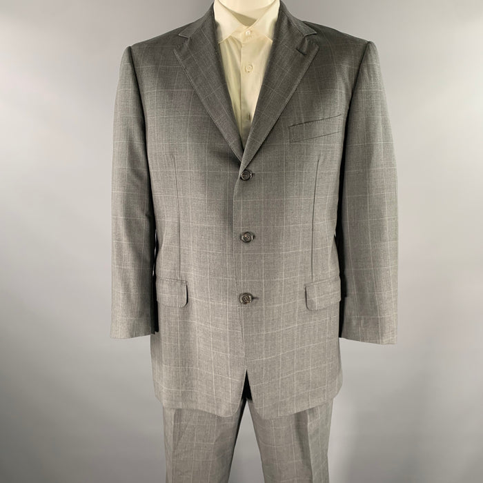 ERMENEGILDO ZEGNA Size 46 Grey Window Pane Wool Notch Lapel Suit