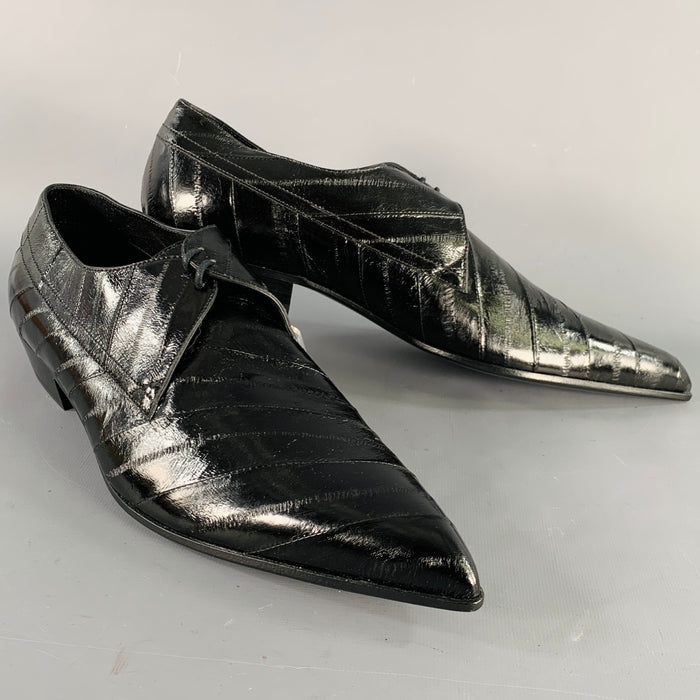 JIMMY CHOO Size 10 Black Diagonal Stripe Leather Pointed Toe Lace-Up Shoes