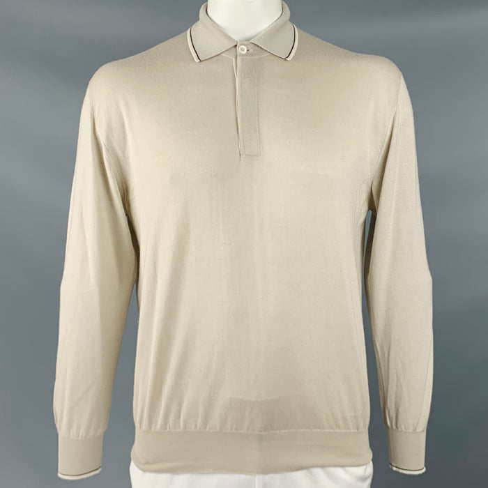 BRIONI Size XXL Oatmeal Beige Knit Cashmere Silk Polo Pullover