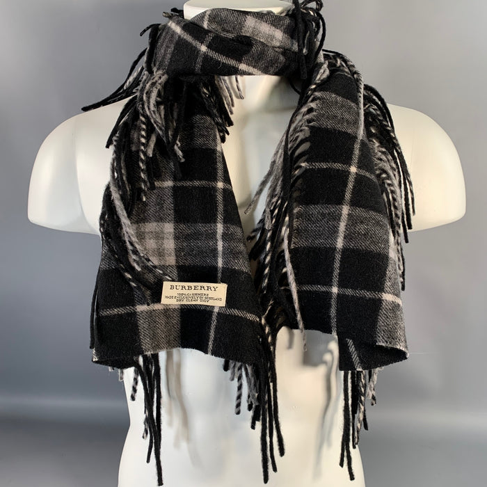 BURBERRY Black Grey Plaid Cashmere Fringe Trim Scarf