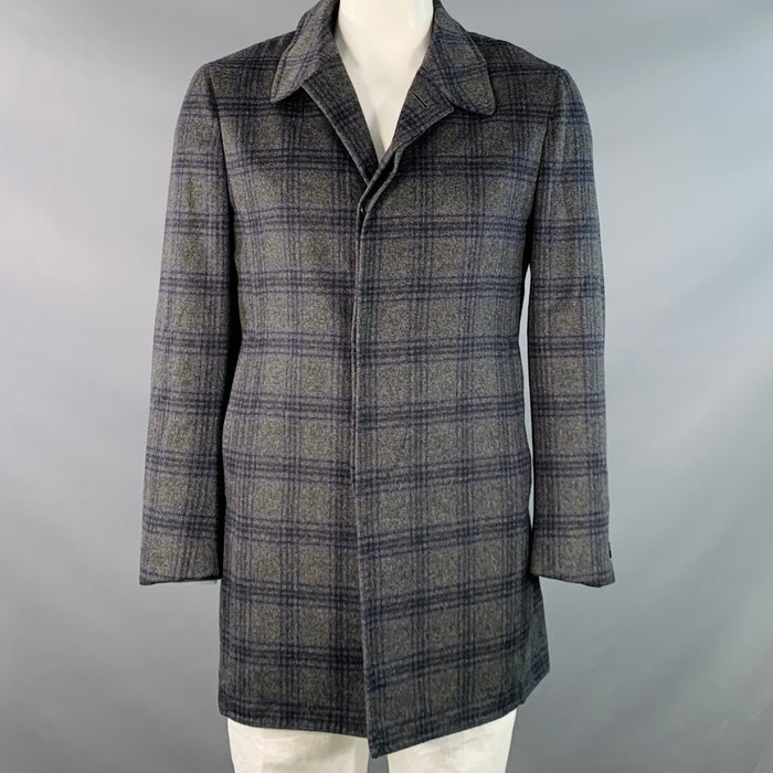 ISAIA Size 38 Grey Purple Plaid Cashmere Single Breasted Hidden Buttons Coat