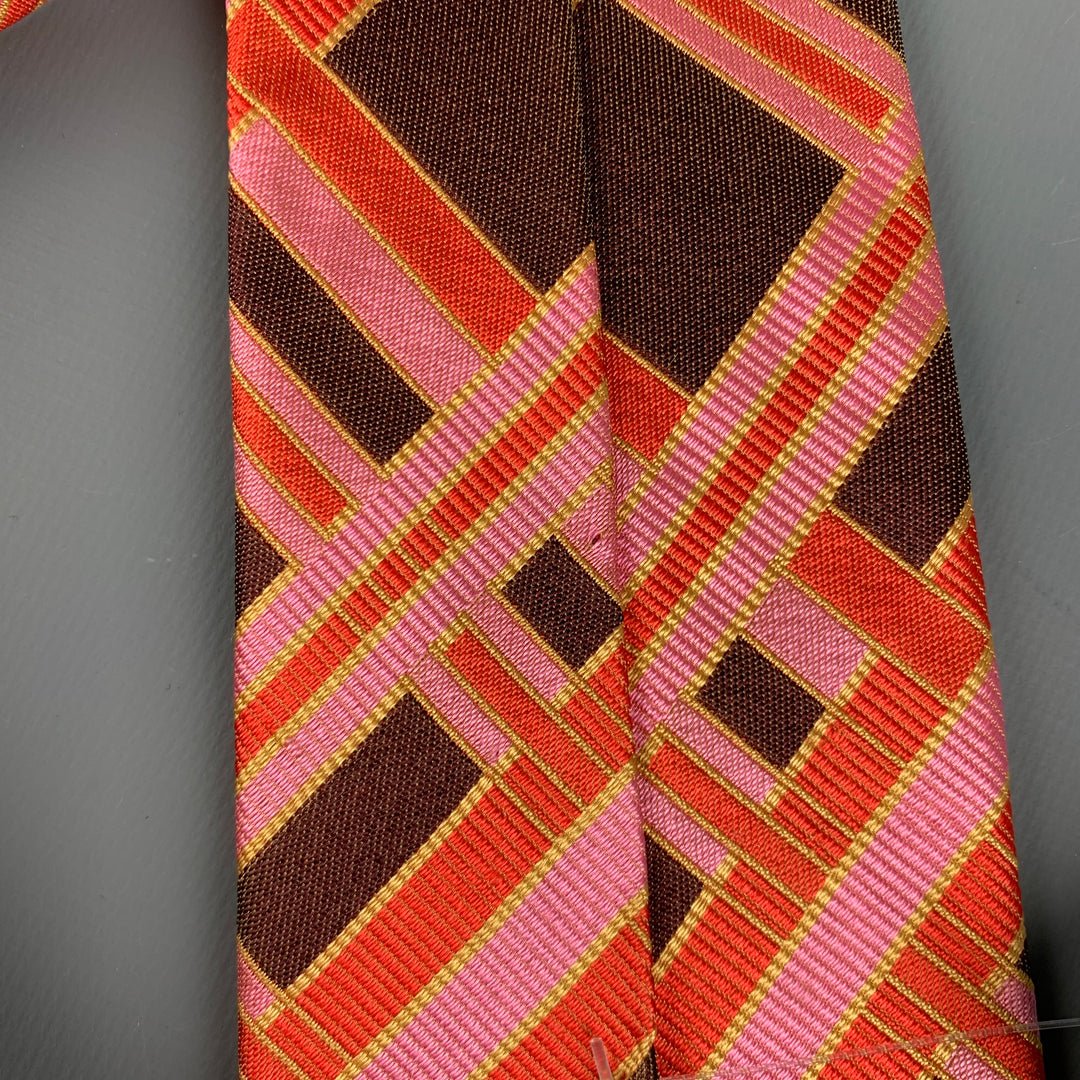 NO BRAND Brown Pink Orange Plaid Silk Tie