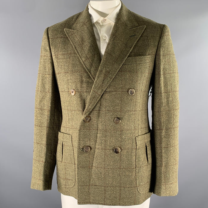 RALPH LAUREN Size 42 Green Brown Window Pane Wool Linen Silk Sport Coat