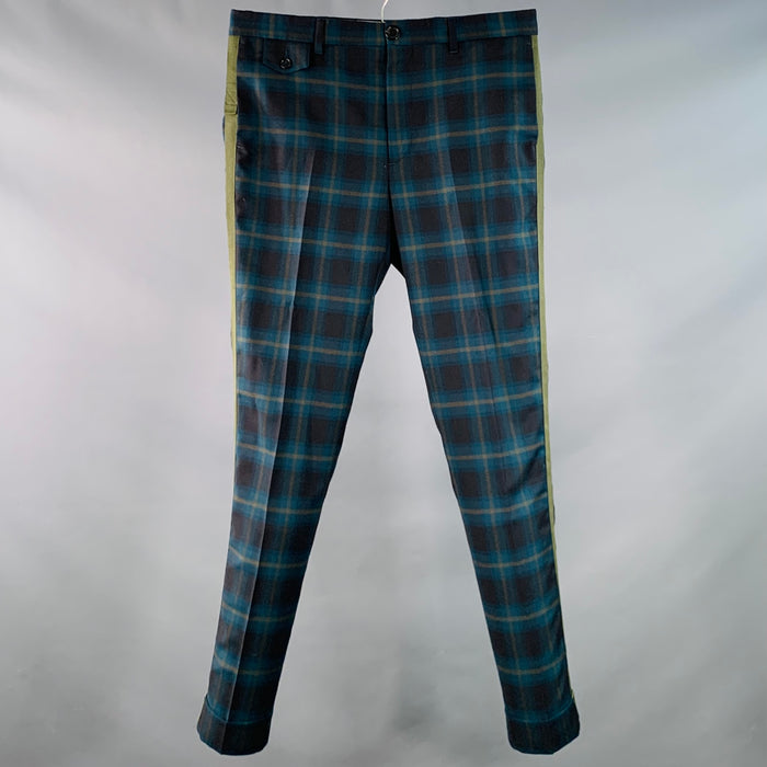 PS by PAUL SMITH Size 32 Blue Olive Plaid Wool Flat Front Slim Fit Dress Pants