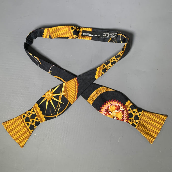 HERMES Black Multi-Color Basket Weave Silk Bow Tie