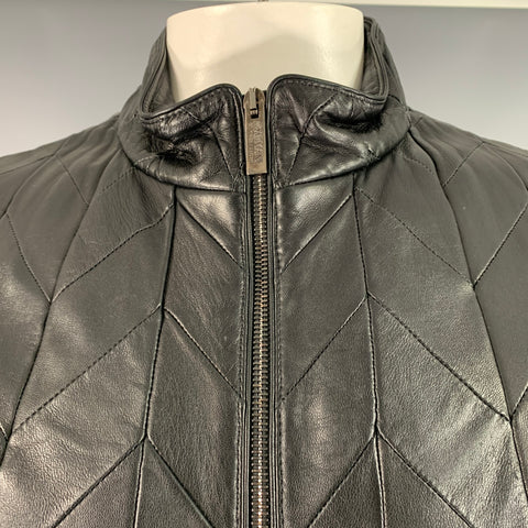 ARMANI COLLEZIONI Size 44 Black Quilted Leather Zip Up Jacket