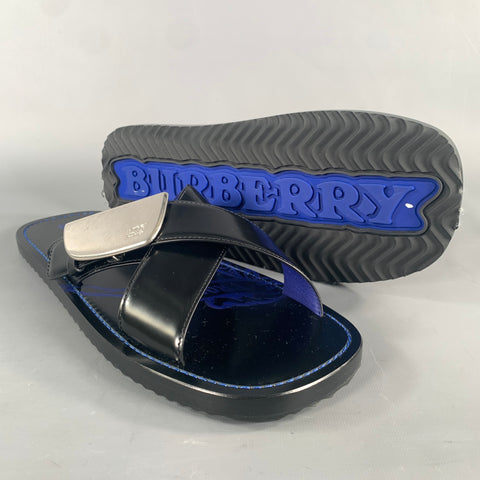 BURBERRY Size 10 Black Blue ITCALFRA5SAN Contrast Stitch Leather Slide Sandals