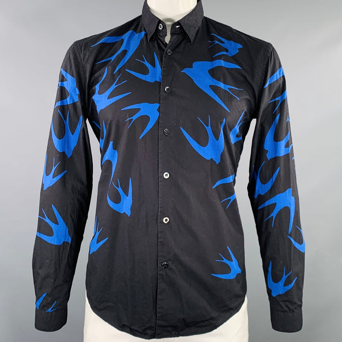 MCQ by ALEXANDER MCQUEEN Size 42 Black Blue Birds Cotton Long Sleeve Shirt