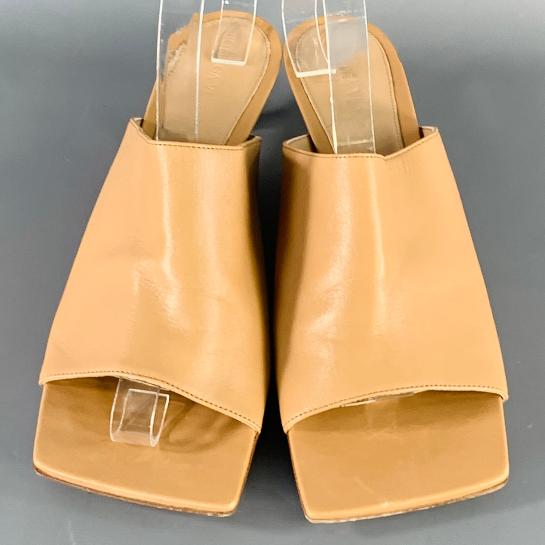 BOTTEGA VENETA Size 10 Tan Leather Square Toe Kitten Heel Mules Sandals