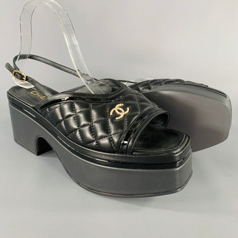 CHANEL Size 9 Black Leather Quilted Platform Sandals