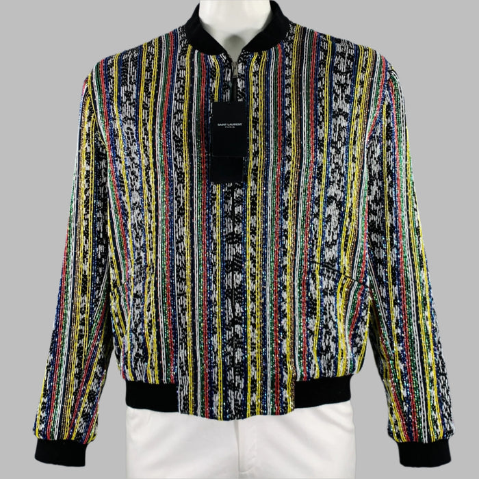 SAINT LAURENT Size 46 Black Multi Color Beaded Ikat Viscose Jacket