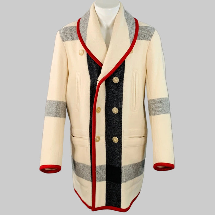YVES SAINT LAURENT Vintage Size 40 Cream Red Plaid Wool Mohair Double Breasted Shawl Lapel Coat