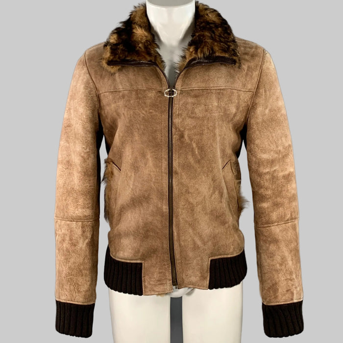DOLCE & GABBANA Size 40 Brown Distressed Deerskin Leather Shearling Zip Up Jacket
