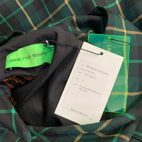 LIBERAL YOUTH MINISTRY Size L Grunge Hoodie Green Black Yellow Plaid Wool Oversized Sweatshirt