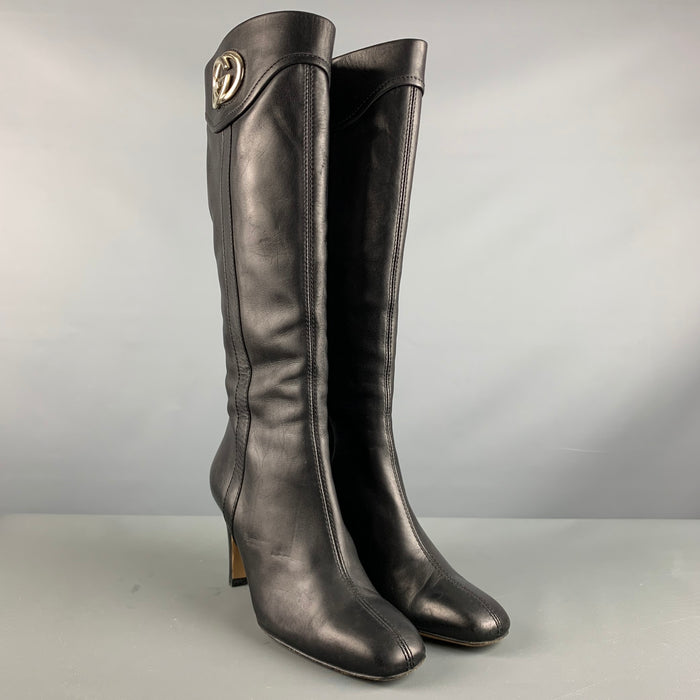 GUCCI Size 6.5 Black Gold Leather Side Zipper Boots
