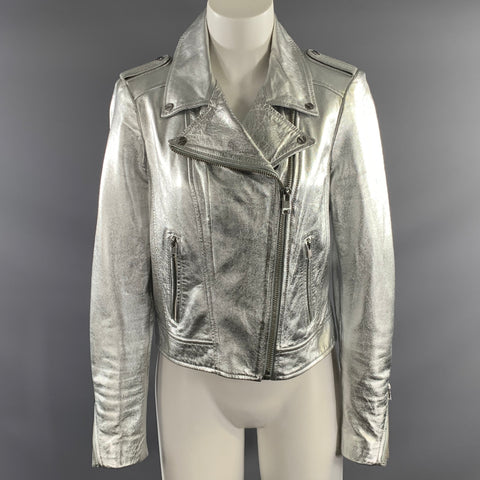 LAMARQUE Size M Silver Leather Metallic Biker Jacket
