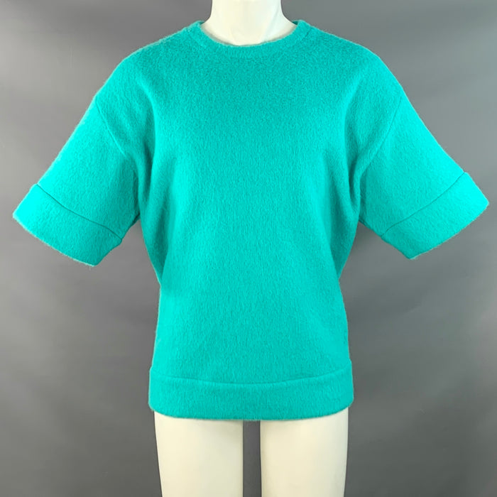 JIL SANDER FW23 Size M Turquoise Knit Brushed Alpaca Wool Jersey Short Sleeve Pullover