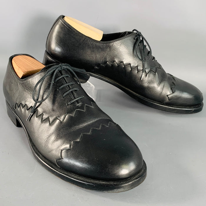 BOTTEGA VENETA Size 11 Black Leather Textured Zig Zag Lace-Up Shoes