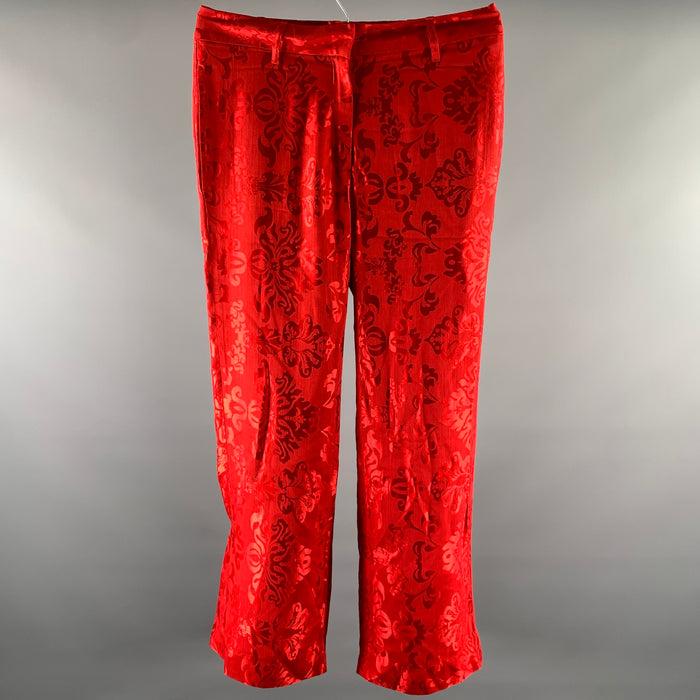ANN DEMEULEMEESTER Size 34 Red Rayon Silk Floral Wide Leg Dress Pants