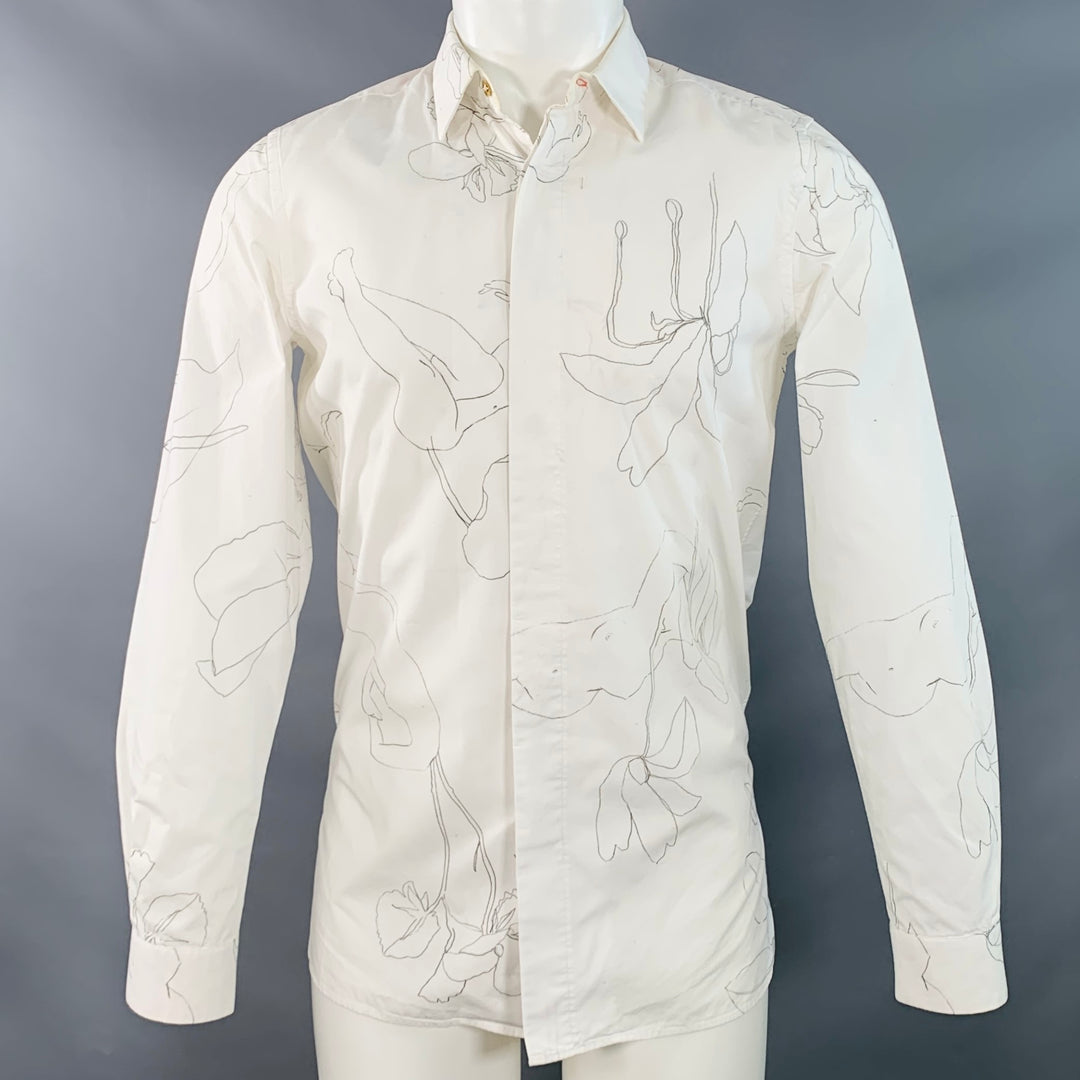 PAUL SMITH Size S White Grey Print Cotton Spread Collar Long Sleeve Shirt