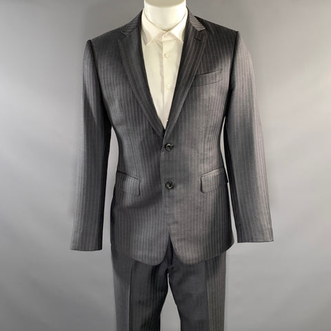 E-RAVE CUSTOM SHOP Chest Size 42 Grey Blue Pinstripe Wool Notch Lapel 34 33 Suit