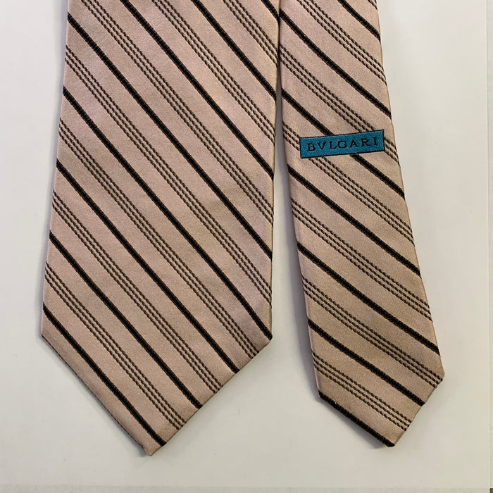 BVLGARI Light Pink Black Diagonal Stripe Silk Tie