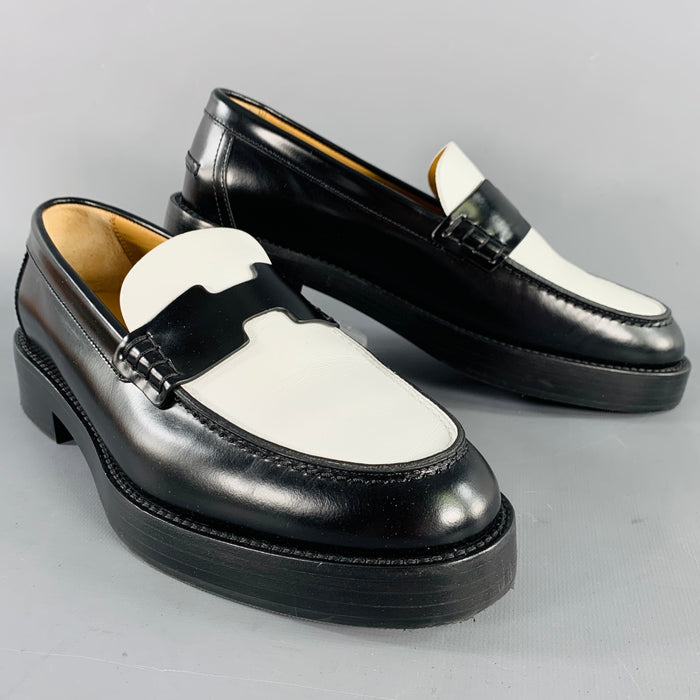 HERMES Size 7 Kennedy Black White Leather Color Block Penny Loafers Flats