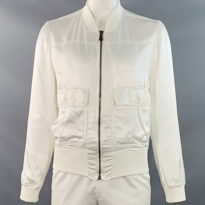 DOLCE & GABBANA Size 42 White Cotton Blend Zip Up Bomber Jacket