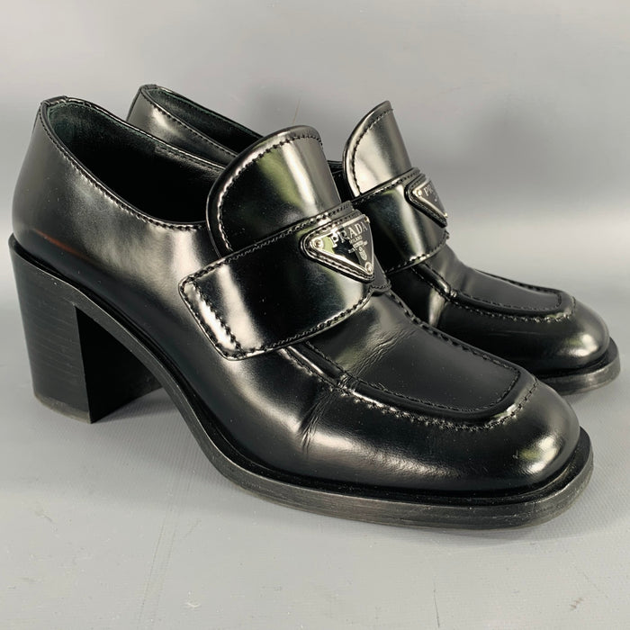 PRADA Size 7.5 Black Leather Penny Loafer Pumps