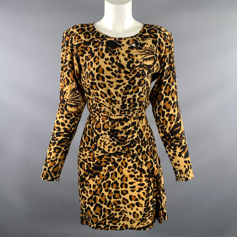 YVES SAINT LAURENT Size 4 Tan Black Silk Leopard Knee-Length Dress