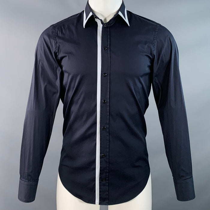 EMPORIO ARMANI Size S Navy Light Blue Cotton Blend Contrast Trim Long Sleeve Shirt