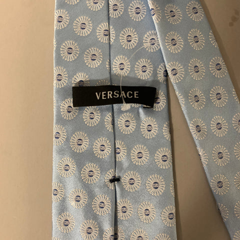 VERSACE Blue White Geometric Silk Tie