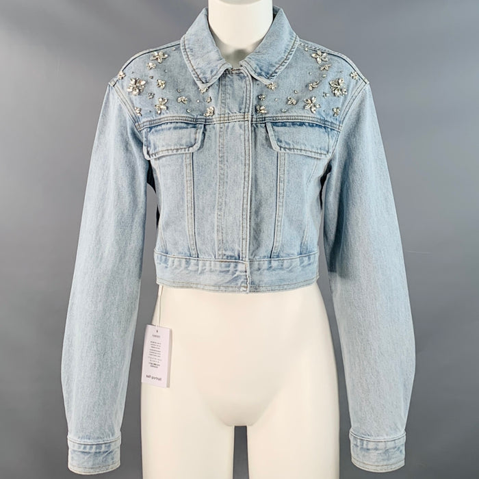 SELF-PORTRAIT Size 6 Blue Cotton Rhinestones Cropped Denim Jacket