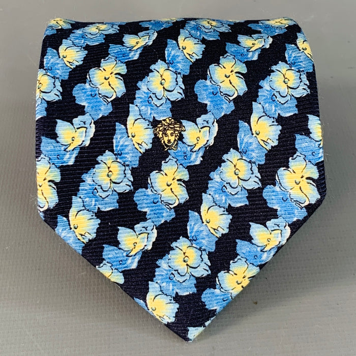 GIANNI VERSACE One Size Navy Yellow Floral Silk Tie