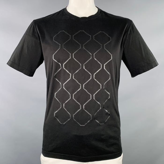 Z ZEGNA Size XL Black Geometric Cotton Crew Neck T-shirt