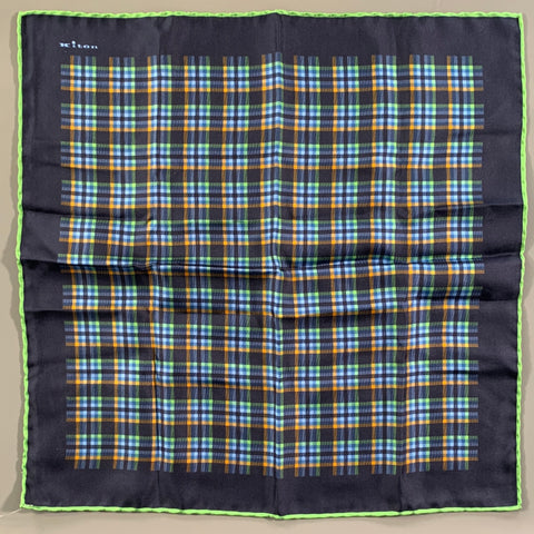 KITON Navy Green Plaid Silk Pocket Square