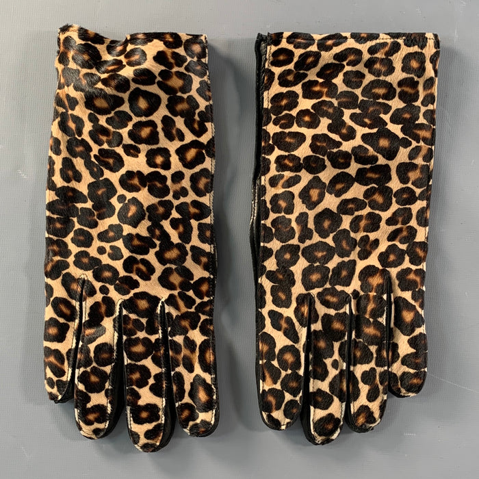 BURBERRY PRORSUM Size 8.5 Beige Brown Black Animal Print Calf Hair Gloves