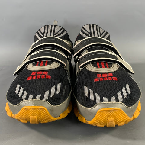 PRADA Size 9.5 Black Red & Grey Stripe Nylon Hook & Loop Sneakers