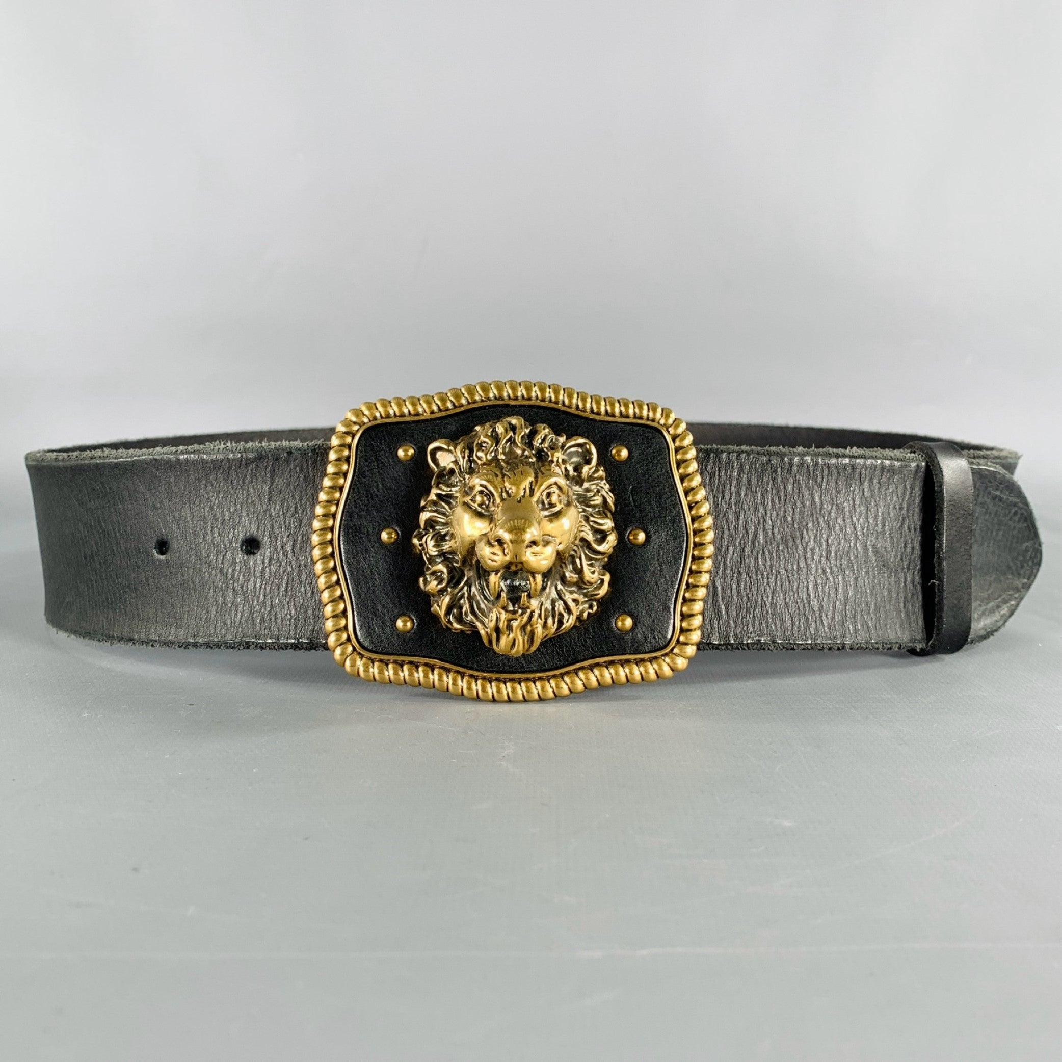 Gucci Gold Lion Belt Gucci New Black Leather Lion Buckle Belt - Vintage Lux main image 2