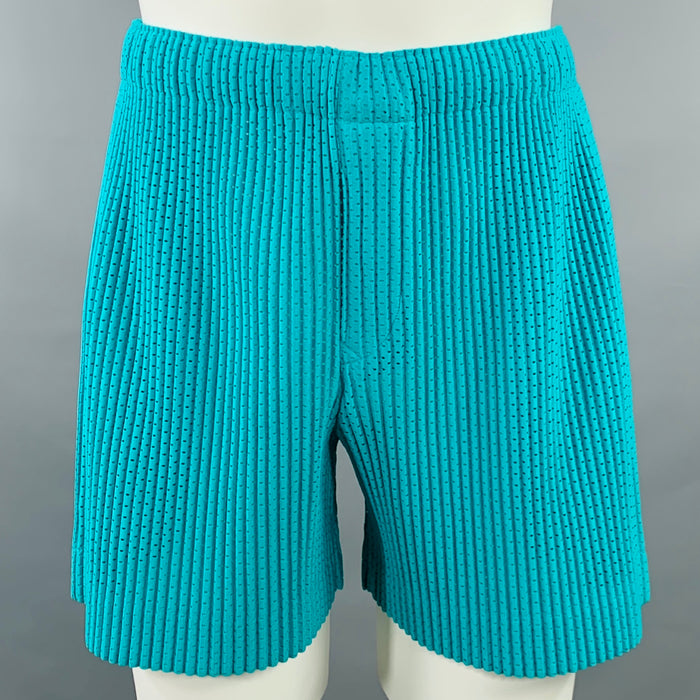 ISSEY MIYAKE HOMME PLISSE Size S Aqua Pleated Polyester Mesh Drawstring Waistband Button Fly Shorts