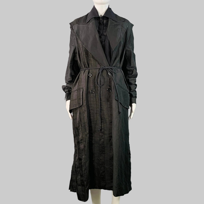ANN DEMEULEMEESTER Size S Black Linen Blend Stripe Layered Double Breasted Trench Coat