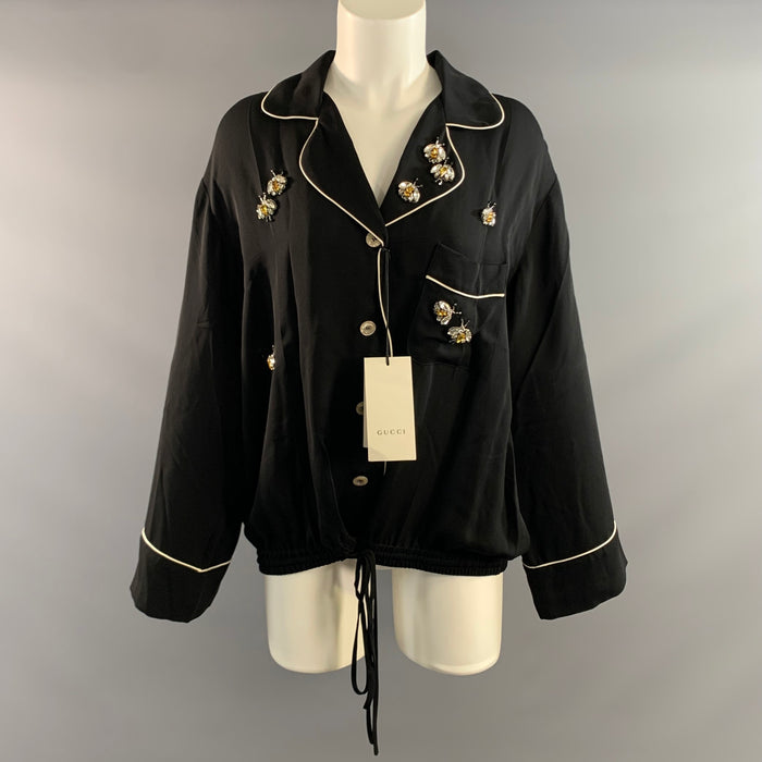 GUCCI Size S Black White Viscose Silk Embellishment Pajama Jacket